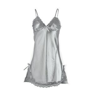 Satin Lace Trim Sleepwear Sexy Nightgown Pajama Slip Dress Gray-lace